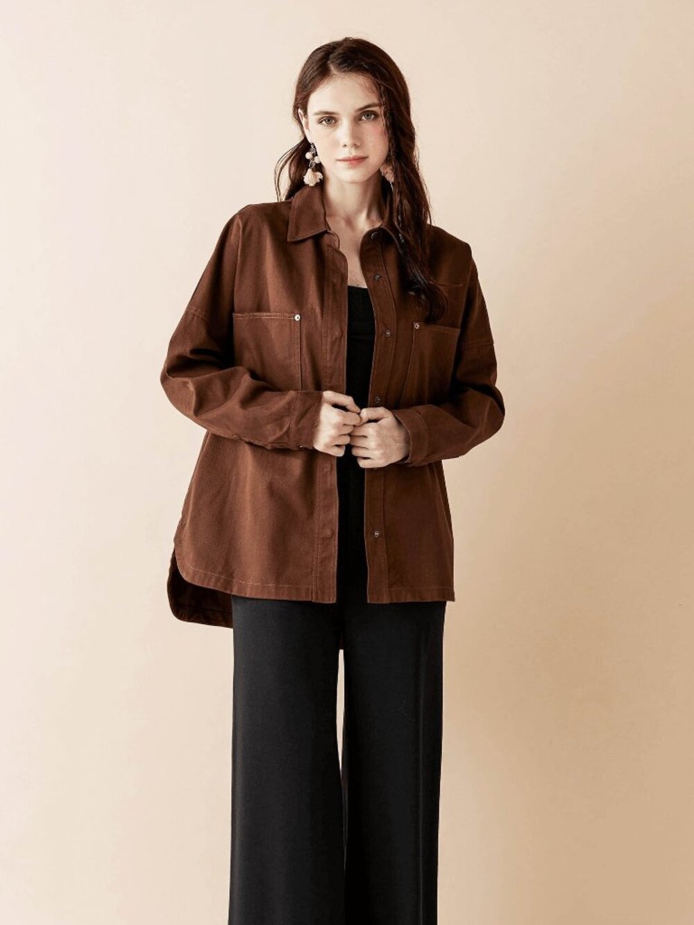B15 Oversized Denim Twill Shirt Jacket in Chocolate Brown NEW